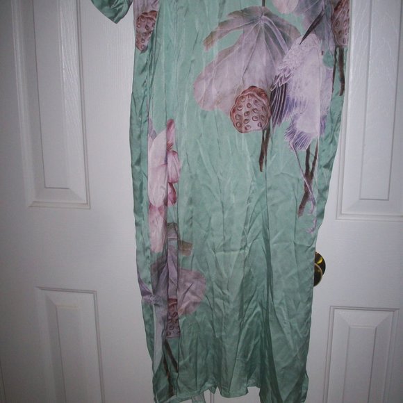 Kim + Ono 100% Silk Robe Mist Crane & Lotus Duster Kimono Long Floral No Belt OS - Picture 1 of 13